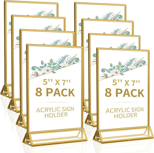 Smarpau Acrylic Gold Sign Holder 5x7,8 Pack Table Number Holders, Double-Sided Display Stand Picture Frames Menu Holder Flyer Stands Photo Holders for Wedding