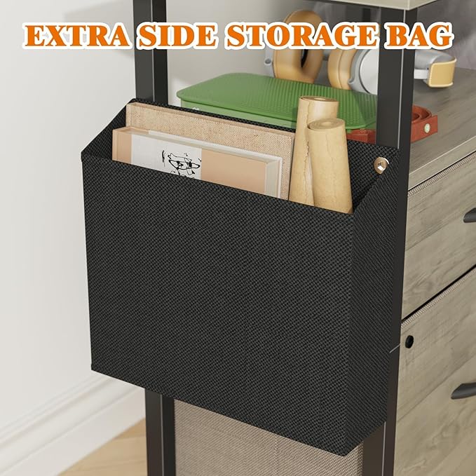 GYIIYUO 2 Drawer File Cabinet with 24'' Extended Desktop, Mobile Filing Cabinet, Rolling File Cabinet with Side Bag, Fabric Drawer, Fits A4/Letter Size, Printer Stand Home Office, Oak Grey