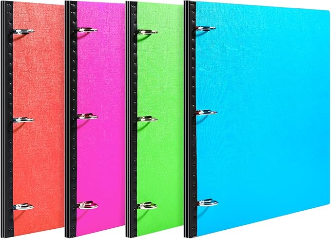 MAKHISTORY Telescoping 3 Ring Binder-4PCS, Flexible Binder with Elastic Rubble Spine+3 Round Rings, Flat Writing Binder, 4 Bright Colors