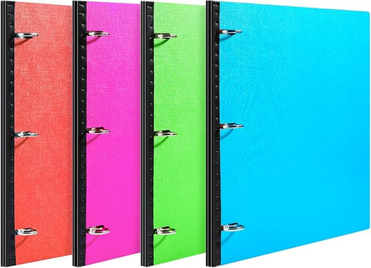 MAKHISTORY Telescoping 3 Ring Binder-4PCS, Flexible Binder with Elastic Rubble Spine+3 Round Rings, Flat Writing Binder, 4 Bright Colors