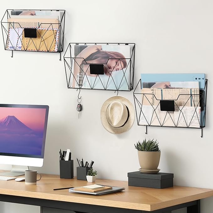 YBING Hanging Wall File Organizer Wall File Holder 3 Pockets Wall-Mounted File Rack with Hooks Wall-Mounted Paper Organizer Metal Hanging Storage for Office Living Room, Black (3 Pack - Black)
