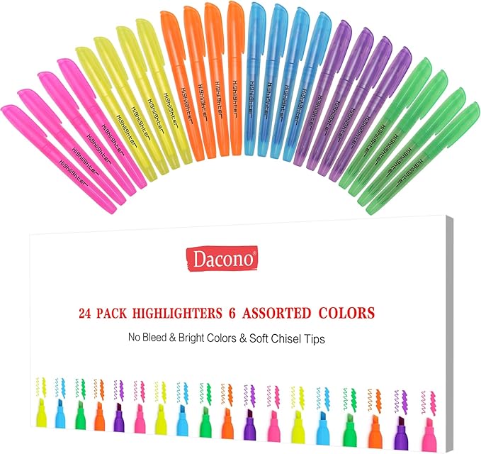 Dacono Highlighters, Chisel Tip, Highlighters Assorted Colors, Bible Highlighter No-Bleed, Quick-Drying Ink Highlighter for School, Teacher Students, Office, Classroom Must Have, 24 Pack