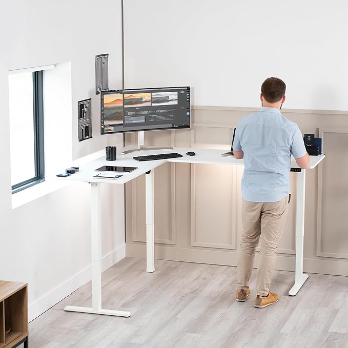 VIVO Electric Corner 75 x 63 inch L-Shaped Standing Desk, Memory Height Adjustment, White Top White Frame, DESK-E3CTW-75