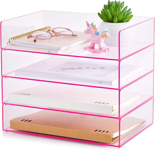 Harloon 4 Tier Acrylic Paper Tray 12.4 x 8.7 x 2.7 Inches Stackable Letter Clear Organizer No Need to Assemble Acrylic Paper Organizer File Tray for Office Workspace Desktop Storage(Transparent Pink)