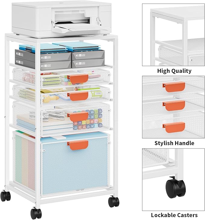 Marbrasse Rolling File Cart with 4 Storage Drawers, Mobile File Cabinet on Lockable Wheels, Hanging Filing Cabinet Organize, Under Desk Utility Cart for Home Office - White