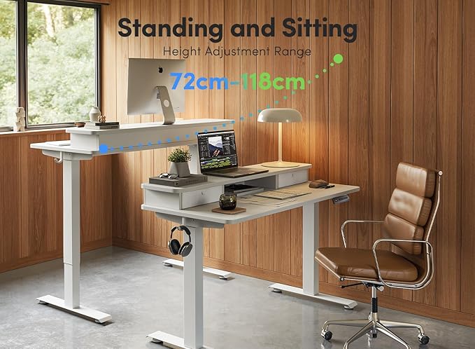 FEZIBO 40 x 24 Inch Height Adjustable Electric Standing Desk with Double Drawer, Computer Desk, Home Office Stand Up Table with 4 Height-Adjustable Feets & 2 Hooks, White