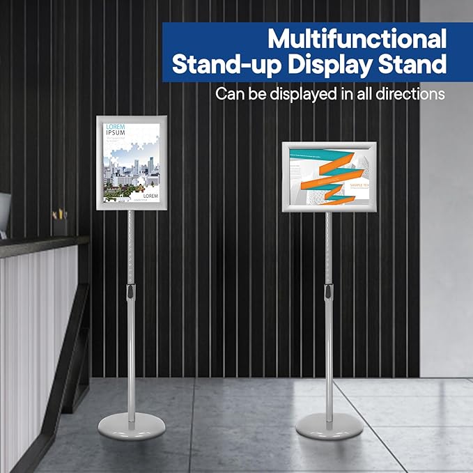 SENZHIYI Adjustable Poster Stand Holder Heavy Duty Snap Open Aluminum Pedestal Floor Standing Sign Holder Vertical and Horizontal View Sign Displayed 8.5x11 Silver（2pack
