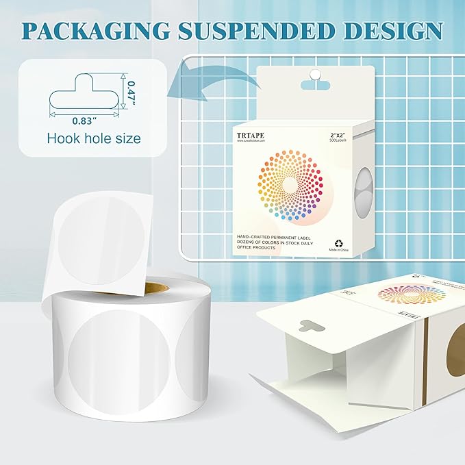 2 Inch Round Color Coding Labels (500 Count) - Transparent Dot Stickers Circle Labels with Dispenser Box for Warehouse, Filing, Industrial, Office Organization