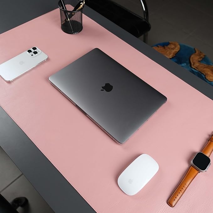TORONATA Jersey Genuine Calfskin Leather Desk Pad, Office Desk Mat with Non-Slip Bottom, Smooth Surface for Mouse & Keyboard, Desk Protector (14.6x31.5 inches) (Pink)