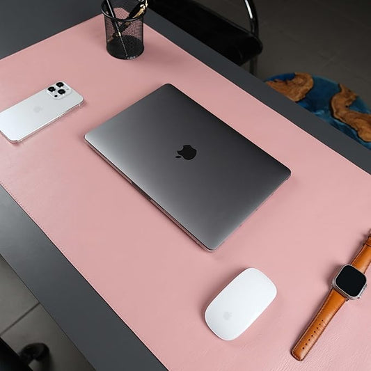 TORONATA Jersey Genuine Calfskin Leather Desk Pad, Office Desk Mat with Non-Slip Bottom, Smooth Surface for Mouse & Keyboard, Desk Protector (14.6x31.5 inches) (Pink)