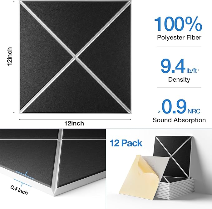 Sonicism 12 Pack X-Lined Acoustic Panels with Self-Adhesive, 12" X 12" X 0.4" Sound Proof Foam Panels, Decorative Soundproof Wall Panels, Sound Absorbing Tiles for Home & Offices (WhiteBase+BlackFace)