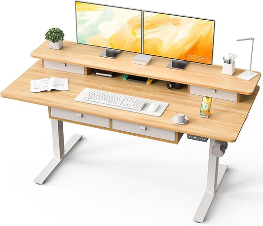 Kingant 63 x 30 Inch Electric Standing Desk with 4 Drawers, Adjustable Height Computer Desk for Home Office, Large Workstation Sit Stand Up Desk with Built-in USB A/C Charging Ports, Nature