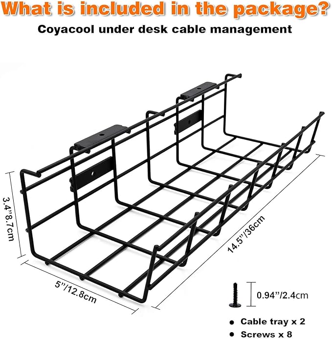 COYACOOL Under Desk Cable Management- 2 Pack Cord Organizer. Metal Wire Cable Management Tray for Office, Studio and Home. Super Sturdy Under Table Cable Management - Black Cable Organizer