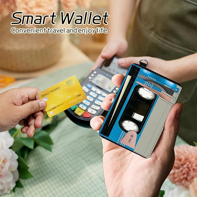BWEGRHE Small Travel Wallets, Blue Cassette Slim Minimalist Front Pocket Wallet with Wristlet, RFID Blocking PU Leather Credit Card Holder with ID Window Change Purse for Men Women