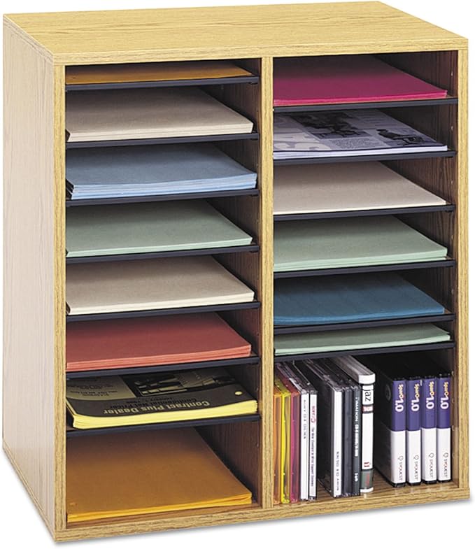 Safco Wood Adjustable Literature Organizer, 16 Compartment with Adjustable Shelves, CDs Storage, and Durable Laminate Finish, for Home Office, Classroom, and Craft Room