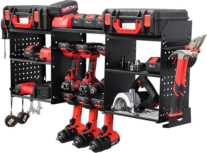 ERVNYNT 3 layers power tool organizer Loads 150lbs with 6 Cordless Drill Holder and 6 Outlet Power Strip,it’s good choice for husband birthday gift,black