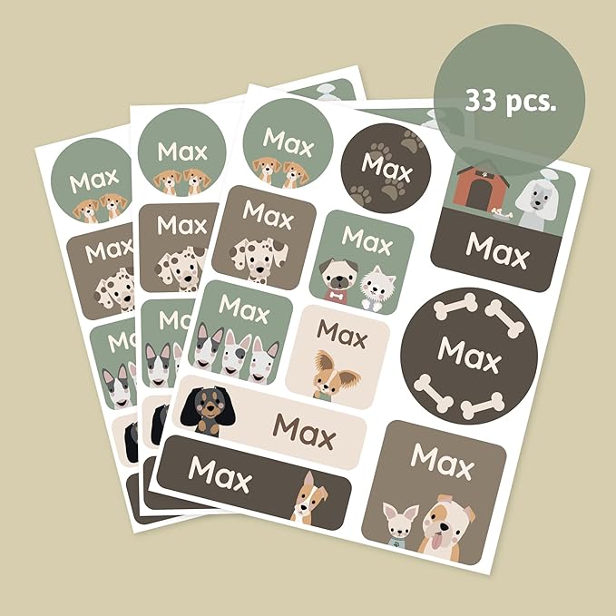 Large Name Labels for Kids (33) - Custom Stickers for Daycare and School Supplies - Durable, Waterproof Stickers for Water Bottles, Lunch Boxes, and More with Unique Designs - Dog