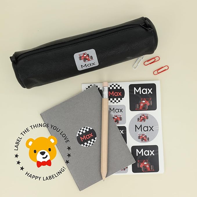 Large Name Labels for Kids (33) - Custom Stickers for Daycare and School Supplies - Durable, Waterproof Stickers for Water Bottles, Lunch Boxes, and More with Unique Designs - Race Car