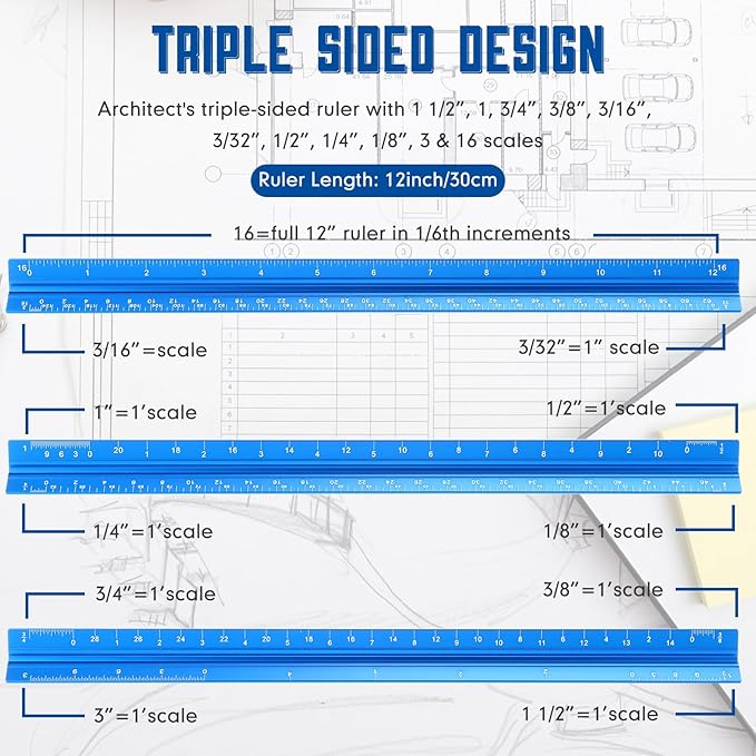 Macarrie 10 Pcs Architectural Scale Triangular Ruler 12" Architect Engineers Scale Ruler Set Aluminum Metal Ruler with Imperial Measurements for Architect Student Draftsman Engineer (Blue)