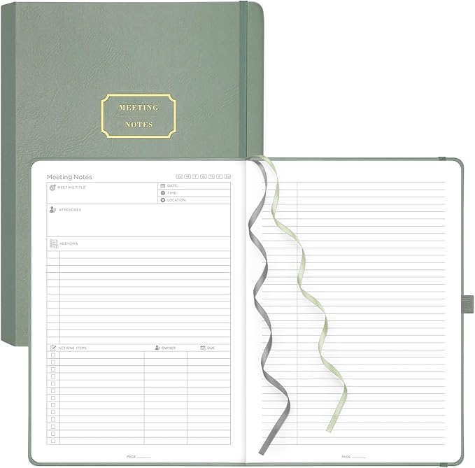 EMSHOI Meeting Notebook for Work with Sticky Tabs - 240 Pages, A4 Size Project Planner, PU Leather Meeting Agenda/Minutes Organizer for Women Men, Note Taking, Office & Business, 8.3"x11.7", Green