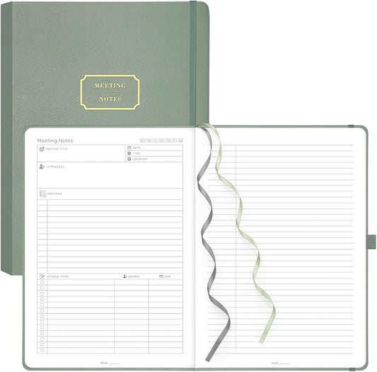 EMSHOI Meeting Notebook for Work with Sticky Tabs - 240 Pages, A4 Size Project Planner, PU Leather Meeting Agenda/Minutes Organizer for Women Men, Note Taking, Office & Business, 8.3"x11.7", Green