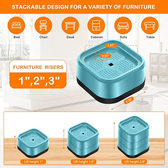 shouwuhho 4 Pack Furniture Risers Adjustable Bed Risers Heavy Duty Lifts Height 1", Square Stackable Bed Risers 1, 2 or 3 Inch for Desk Leg Table Couch Sofa Chair Bed Frame Legs Dorm, Blue