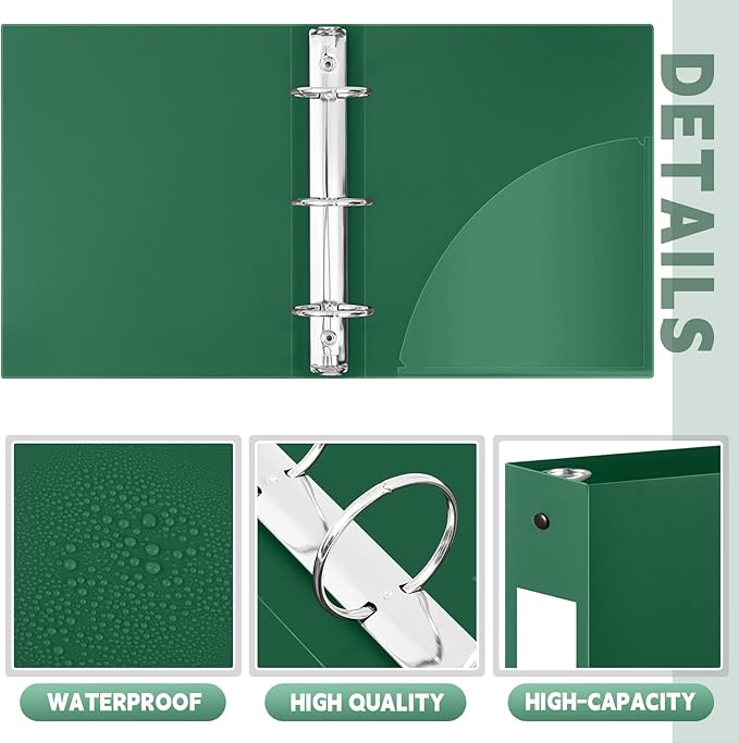 Henoyso 12 Pcs 3 Ring Binder 2 Inch Round Fits Letter Size 8.5'' x 11'' Paper Plastic Flexible Binder Bulk Holds 490 Sheets with 1 Pockets Versatile Organizer for Home Office School (Dark Green)