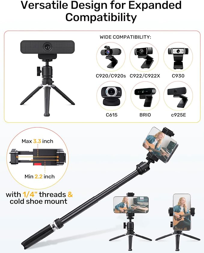 Webcam Tripod Stand for Desk, 3 Level Extendable Camera Tripod Mount for Logitech Webcam C920 C922 C922x C925e C930 C930e C615 Brio 4K NexiGo N60 and More, Camera and Phone Holder with 1/4" Thread