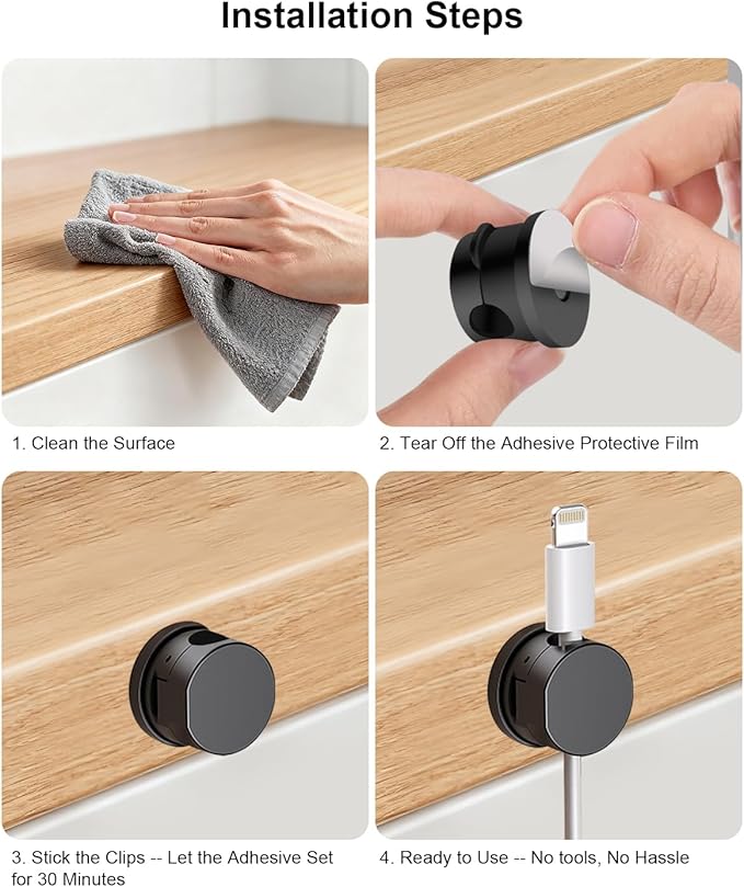 OneLeaf 8 Pack 360° Rotatable Strong Magnetic Cable Clips Cord Holder for Nightstand, 1s Lock Phone Charger Holder, Adhesive Magnetic Cord Clips for Home/Office/Car/Game Station, Smooth Adjustable