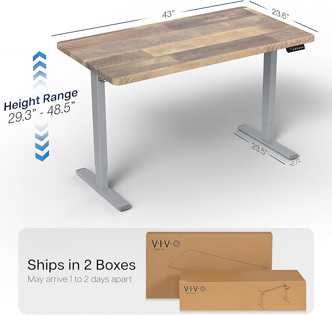 VIVO Electric 43 x 24 in Standing Desk, Memory Height Adjustment, 1B Series, Holds 220 lbs, One-Piece Reclaimed Wood Top, Gray Frame, DESK-KIT-1G4P