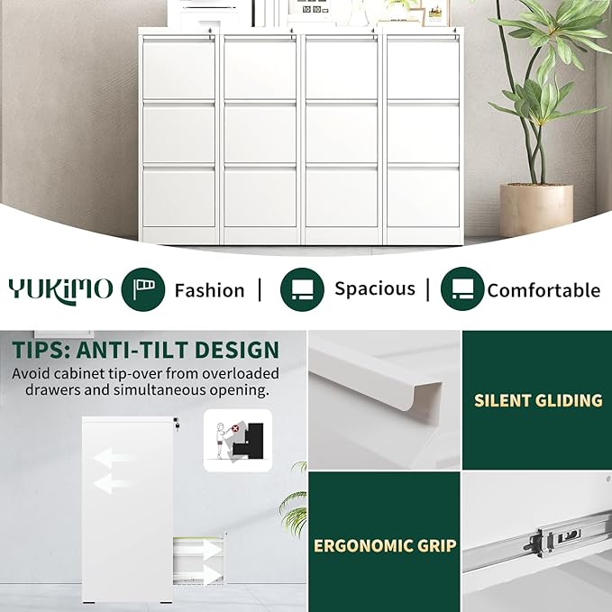 Yukimo 3 Drawer File Cabinet with Lock, Vertical File Cabinet with Lock, Locking File Cabinet Hanging Files for A4/ Legal/Letter,White