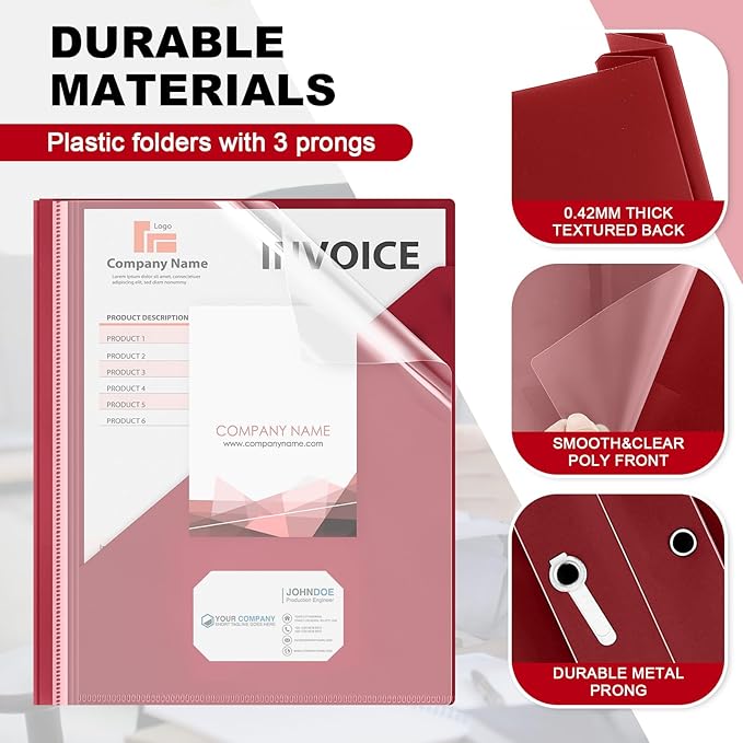 Teling 48 Pcs Clear Front Report Covers with 3 Prongs, Plastic Dark Red Presentation Folders Bulk with 3 Pockets for A4 and Letter Size Paper, 90 Sheet Capacity, Document Covers for School Business