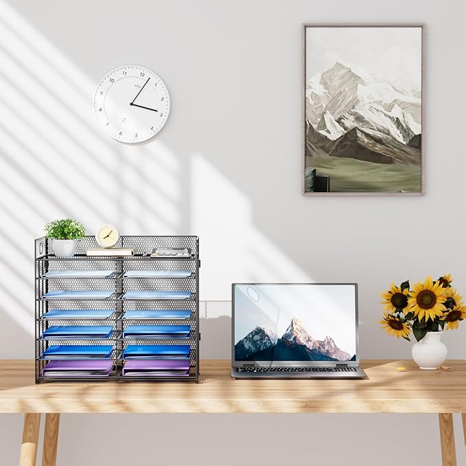 Lavatino 7 Tier Paper Organizer for Desk, Mesh Literature Organizer, Mail File Sorter Tray with Handle, Desktop Mailbox for Office Classroom Home, Black