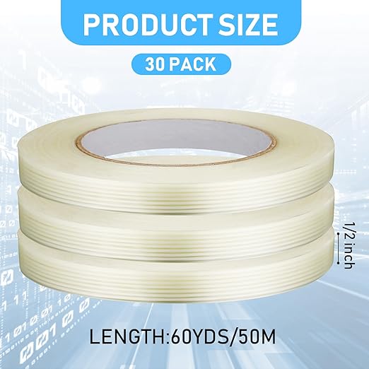 Treela 30 Rolls 1/2 Inch x 60 Yards Filament Strapping Tape 5.5 Mil Transparent Reinforced Fiberglass Heavy Duty Packing Shipping Tape for Sealing Binding Fixing