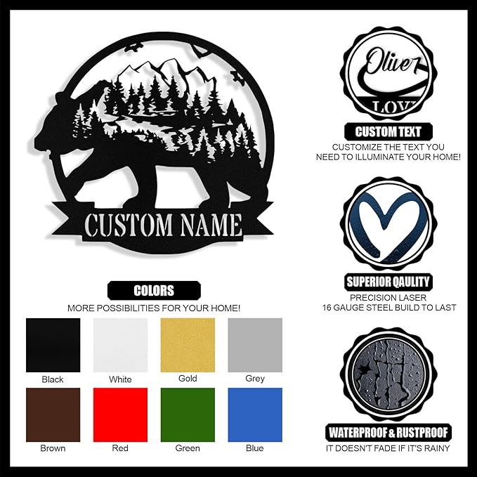 Custom Bear Metal Sign, Custom Bear Metal Wall Art Decor, Personalized Last Name Signs for Home, Rustic Farmhouse Black Wall Decor for Cabin, Bedroom, Living Room, Porch