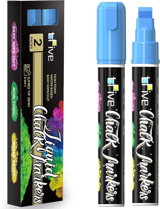 TFIVE Blue Liquid Chalk Markers - 2 Pack Jumbo Chalk Pens with 10mm 3 in 1 Nib Wide Tips, Dry & Wet Erase Marker Pens for Glass, Chalkboard, BlackBoard, Windows, Calendar, Pumpkin, Mirror