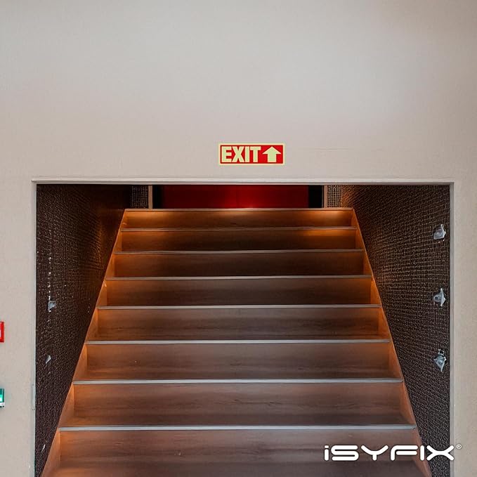 iSYFIX Exit Stickers Signs with Directional Up Arrow 12 Pack 12x4 Inch - Glow in the Dark Photoluminescent Vinyl for Office, School, Business, Warehouse - UV & Weather Resistant for Indoor/Outdoor Use