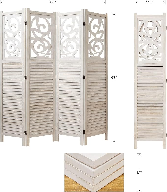 Room Divider Wood Carved Wall Divider Indoor Folding Portable Partition Screen for Home Office Garden Terrace - 4 Panel, 67 * 60inch (White)