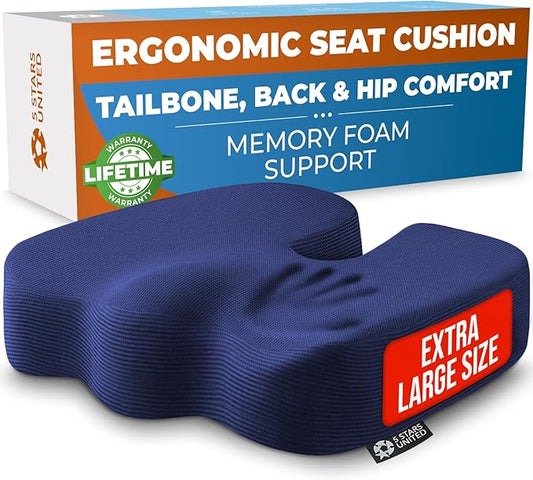 5 STARS UNITED Seat Cushion for Tailbone Pain Relief – Memory Foam Cushion for Coccyx, Hip, Sciatica & Post-Surgery Recovery – Wheelchair, Car, Desk, Gaming & Office Chairs, Blue, X-Large