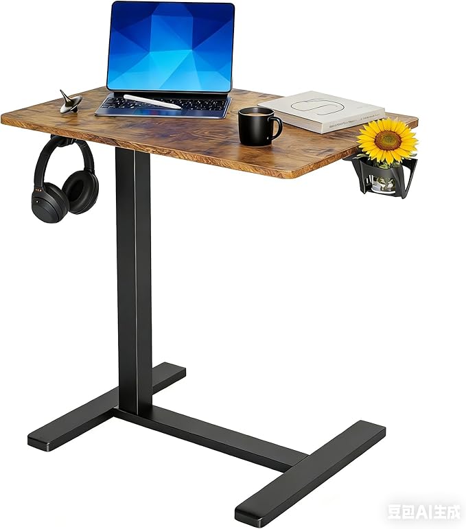 YDN Mobile Mobile Standing Desk, Adjustable Height Portable Laptop Desk with Lockable Wheels, 25.5" x 18.8" Rolling Desk with Hook for Computer Workstation, Rustic Brown