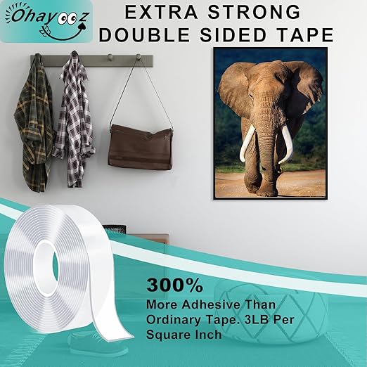 Ohayooz® Extra Strong Double Sided Tape Heavy Duty Removable 10FT, Clear Sticky Adhesive Nano Tape Tough Washable Waterproof Mounting Tape for Hanging Picture, Poster, Carpet, Photo Deco