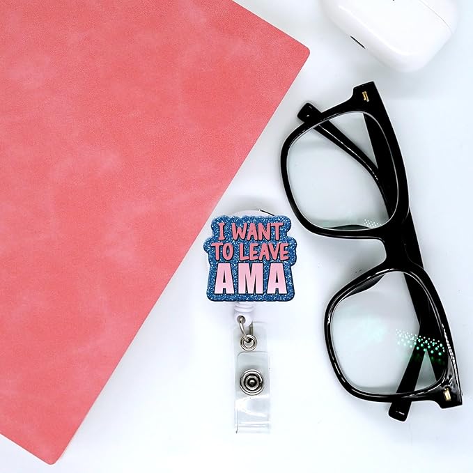 Badge Reel Retractable Band ID Clip I Want to Leave AMA Acrylic Badge Clip Name Badge Accessory for Nurses Office Workers Teachers Students Women Men