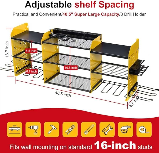 Large Power Tool Organizer Wall Mount with Charging Station, Heavy Duty Cordless Drill Holder, Garage Tool Storage Battery Rack with 8 Outlet, Gift for Men Husband Dad Birthday Anniversary Yellow