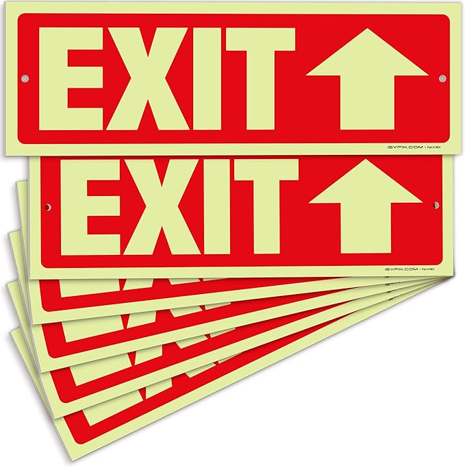 iSYFIX Exit Signs with Directional Up Arrow - 6 Pack 12x4 Inch Glow in the Dark for Business, School, Office, Warehouse - Durable 40 Mil Polystyrene, UV Laminated, Waterproof, Scratch & Fade Resistant