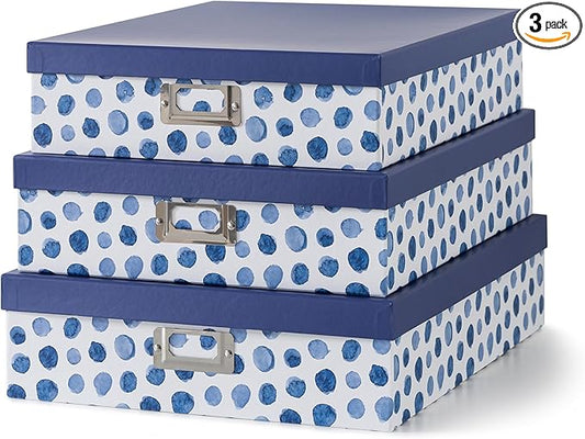 Soul & Lane Blue Spots Decorative Storage Boxes with Lids, Set of 3 Memory Boxes for Keepsakes, Nesting Letter Cardboard Document Storage for Organizing, Photos, Scrapbook