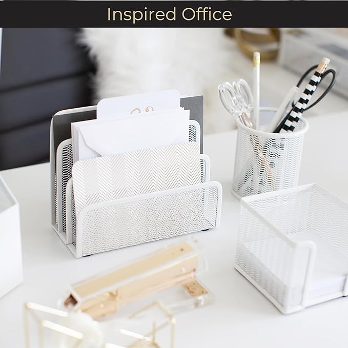 BLU MONACO White Metal Mesh Letter Sorter | 3-Slot Mail Organizer for Desk, Office & Home | Vertical File & Envelope Holder | Modern Mail Sorter for Documents, Bills & Files