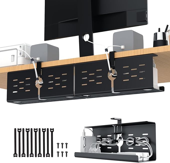 KEEGH 16" Under Desk Cable Management Tray, 2 Pack Desk Cord Organizer Upgrade Capacity, Drill Free Clamp/Screw Mount, Sturdy Metal Tray for Connect Cables, Home, Office, Black