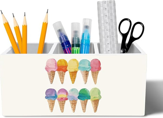 YQDEJ Summer Ice-Cream Pen Holder for Desk Accessories Lovers Gifts, Watercolor Ice Cream Cone Wooden Box Sign Desk Pencil Holder Organizer for Kids Room Home Classroom Decoration