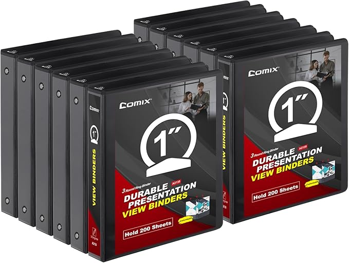 COMIX Sturdy 3 Ring Binder 1 inch with Clear View Cover, 1" Round Ring View Binder, PVC-Free, 2.4mm-Thick, 200 Sheets Capacity of US Letter Size Paper, Office ＆ School Supplies, Pack of 12 (Black)