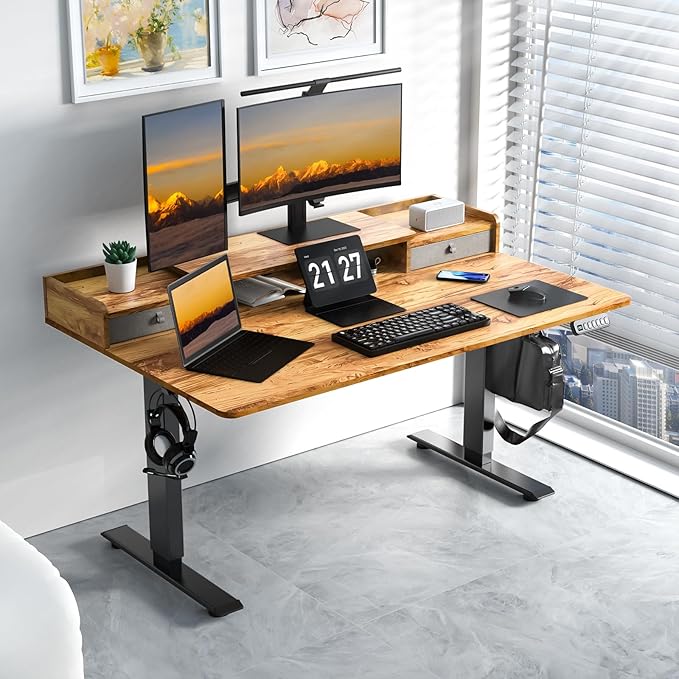 ExaDesk 55 x 30 Inch Electric Standing Desk with 2 Drawers, Adjustable Height Widened Stand Up Desk with Storage, Sit to Stand Ergonomic Workstation for Home Office, Light Rustic